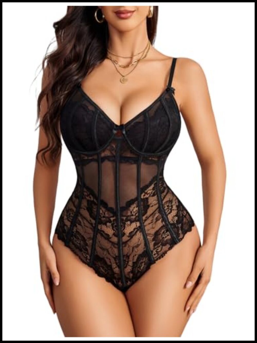 Lace Bodysuit Womens One Piece Lingerie V Neck Mesh Top Sexy Body Suit